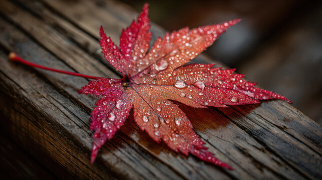 Vibrant red maple leaf with water droplets resting on weathered wood - Powered by Adobe