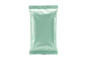 Isolated shiny light-green sealed package, blank sachet food packaging for goods on sale