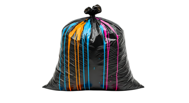 A transparent trash bag filled with colorful dripping paint against a stark black background