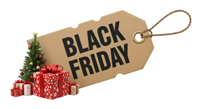 Black friday gift tag with christmas tree and presents