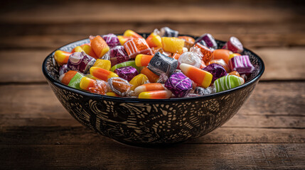 A vibrant bowl of candies on a wooden table, perfect for Halloween or a party!