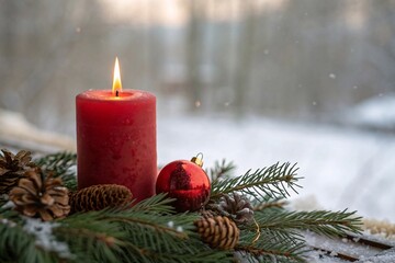 Red candle surrounded by pine leaves and Christmas ornaments