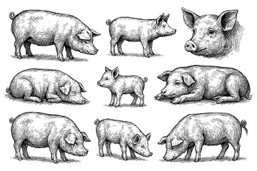 Vintage hand-drawn pig sketches showing various poses and breeds, black and white engraving style © FriskySloths