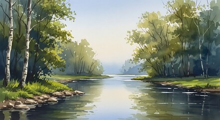 Scenic River Landscape with Lush Trees Watercolor Illustration