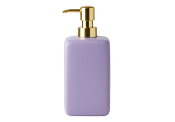 Isolated purple square-shaped soap dispenser with a gold pump for liquid soap or lotion