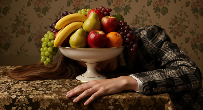 Woman hiding under a large bowl of fruit on a vintage table. Surreal concept of stress, burnout, and feeling overwhelmed. Modern still life.