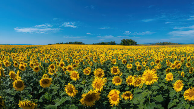 A breathtaking field of sunflowers under a bright blue sky during the harvest season.