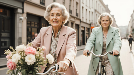 Two elegant senior women friends riding bicycles on a city street. Active aging and a healthy retirement lifestyle.