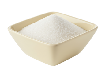 Isolated refined granulated sugar in a square bowl ready for use in cooking or baking desserts
