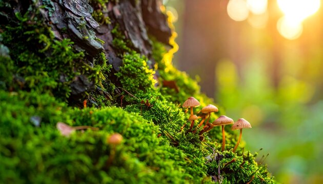 Lush Moss and Tiny Mushrooms on a Tree Trunk in Sunlight.
