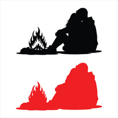 Couple and lone person camping by fire silhouette illustration