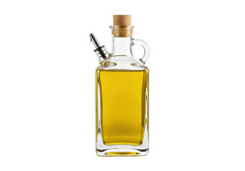 Isolated oil dispenser with a cork, filled with yellow liquid, on a neutral surface