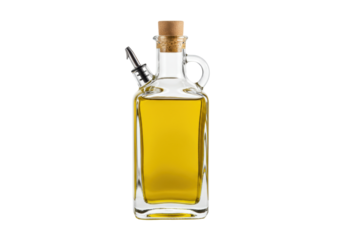 Isolated oil dispenser with a cork, filled with yellow liquid, on a neutral surface
