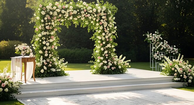 Floral arch with roses, backdrop for an event in an outdoor garden space