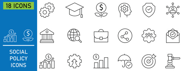 Collation of social policy line icon set. Containing as equality, justice, human rights,  education, economic, economic growth, global rights and more. Public services concepts. Vector illustration. 