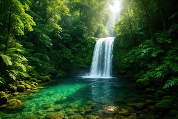 Fototapeta premium A serene waterfall cascades into a crystal-clear emerald pool surrounded by dense green jungle foliage, glowing softly under warm sunlight, creating a peaceful natural escape.