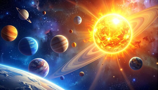 Colorful Solar System with Planets and Sun.