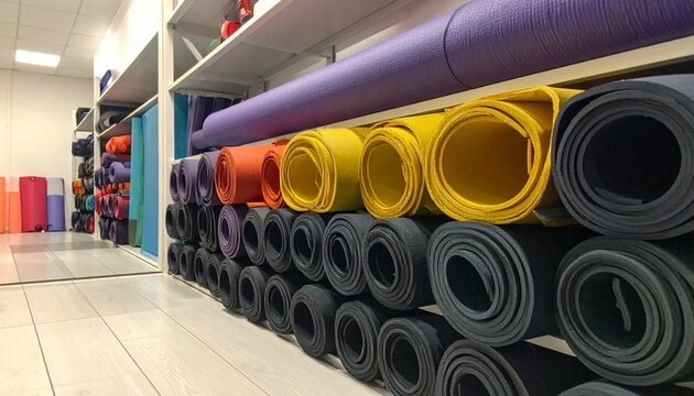 Colorful Rolled Yoga Mats on Shelves in a Fitness Studio.