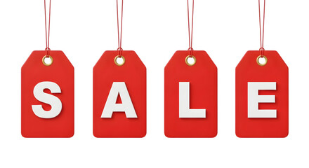 Four red sale tags hanging