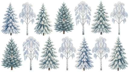 Stunning winter forest collection featuring snow-covered pine trees and elegant birch trees for festive designs