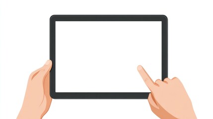 Hands holding/touching a tablet with a blank white screen. Vector graphic