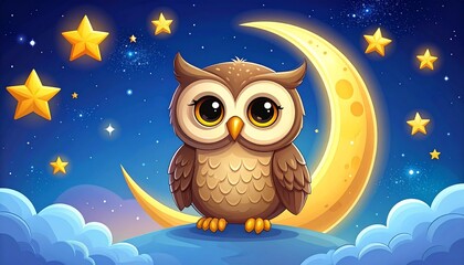 Fototapeta premium Cute Cartoon Owl Sitting on a Crescent Moon Under a Starry Night Sky.