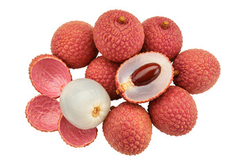 Isolated pile of fresh litchis or lychees tropical fruits with one cut in half and peels around