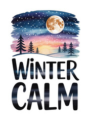 Serene winter night scene with full moon, snow falling, pine trees, and vibrant sunset hues, evoking peaceful tranquility