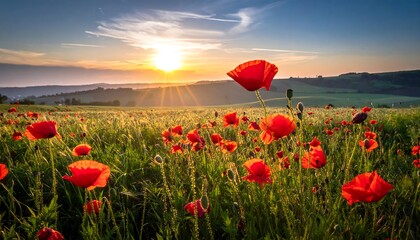 Vibrant Poppy Field at Sunset - A Serene Landscape.