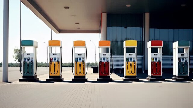 A photograph of a gas station with a row of gas pumps. The stations architecture is modern, with clean lines and a flat roof. The pumps are cylindrical with a yellow and red color scheme.