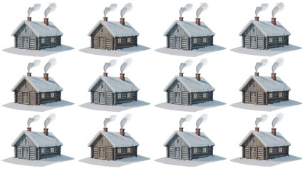 Cozy wooden cabin with smoking chimney nestled in winter snow scene, inviting warmth