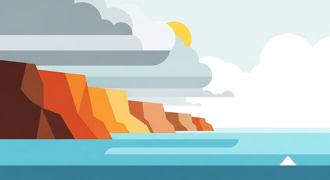 Minimalist coastal landscape with dramatic cliffs and ocean.