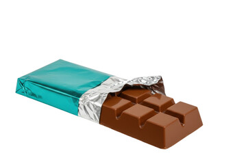 Isolated chocolate bar in wrapper unwrapped, delicious confectionery and treat, sweets