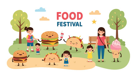 Food festival illustration with happy cartoon food characters and people enjoying the event.