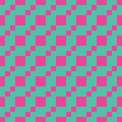 Pattern created from diagonal lines of small and large bright pink squares on a turquoise background