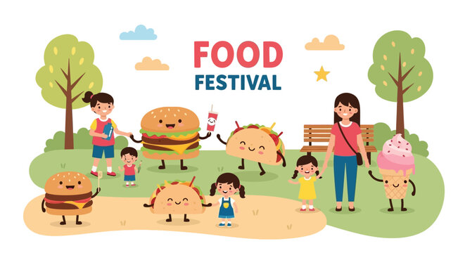Food festival illustration with happy cartoon food characters and people enjoying the event.