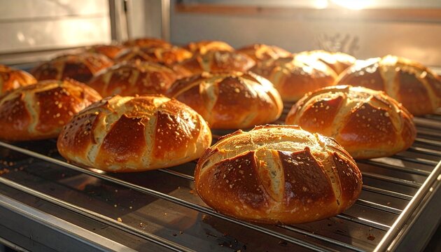 Freshly Baked Golden Brown Bread Rolls on a Rack.