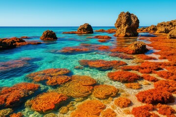 A vivid coastal scene featuring bright orange coral formations beneath clear turquoise waters, with rugged rocks and a sunny blue sky creating a stunning tropical view.