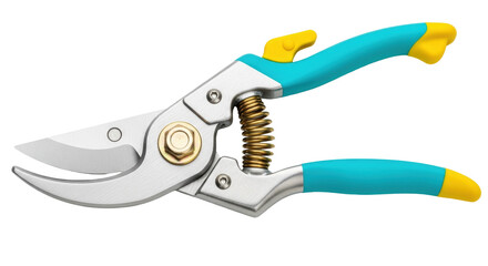 Isolated pruning shears with blue grips on a neutral background for gardening purposes