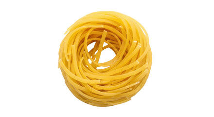 Isolated nest of fettuccine pasta nests, prepared uncooked, dried egg noodle product