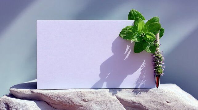A blank white card is placed on a textured rock, adorned with fresh green leaves and a delicate flower. - Powered by Adobe