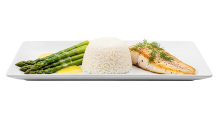 Isolated gourmet meal featuring sea bass fillet with dill, asparagus, and molded rice on plate
