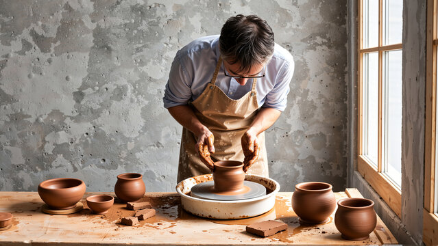 Man Shaping Clay Pot On Pottery Wheel In Studio