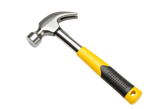Isolated steel claw hammer with a yellow and black handle for hammering nails and carpentry work