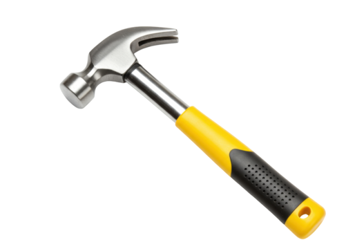 Isolated steel claw hammer with a yellow and black handle for hammering nails and carpentry work