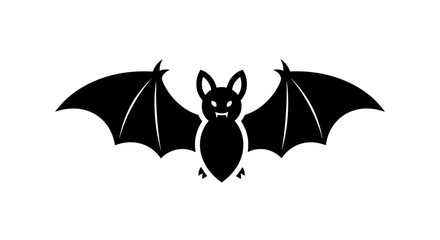Black Bat Silhouette with Spread Wings on White Background.