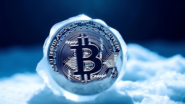 A closeup shot of a Bitcoin coin encased in ice, set against a vivid blue backdrop. The coins intricate design is highlighted by the play of light and shadow.
