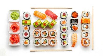 Assortment of colorful sushi rolls and nigiri arranged artfully on a white background with chopsticks for a delicious japanese meal
