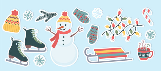 Sticker set of cute winter objects. Sled, ice skates, snowman, knitted hat, cup of cocoa, colorful lights, snowflakes and mittens. 