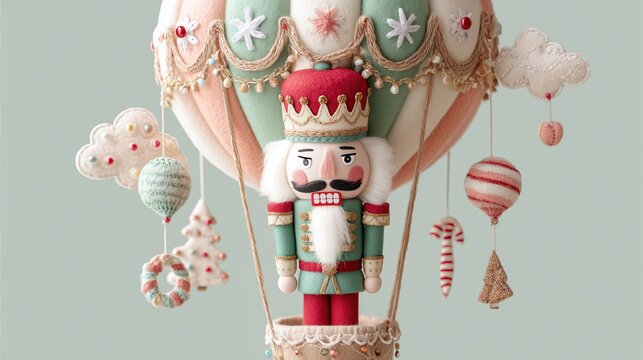 Nutcracker's Aerial Adventure: A festive, handcrafted nutcracker doll gazes from a whimsical hot air balloon, creating a sense of joy and wonder. - Powered by Adobe